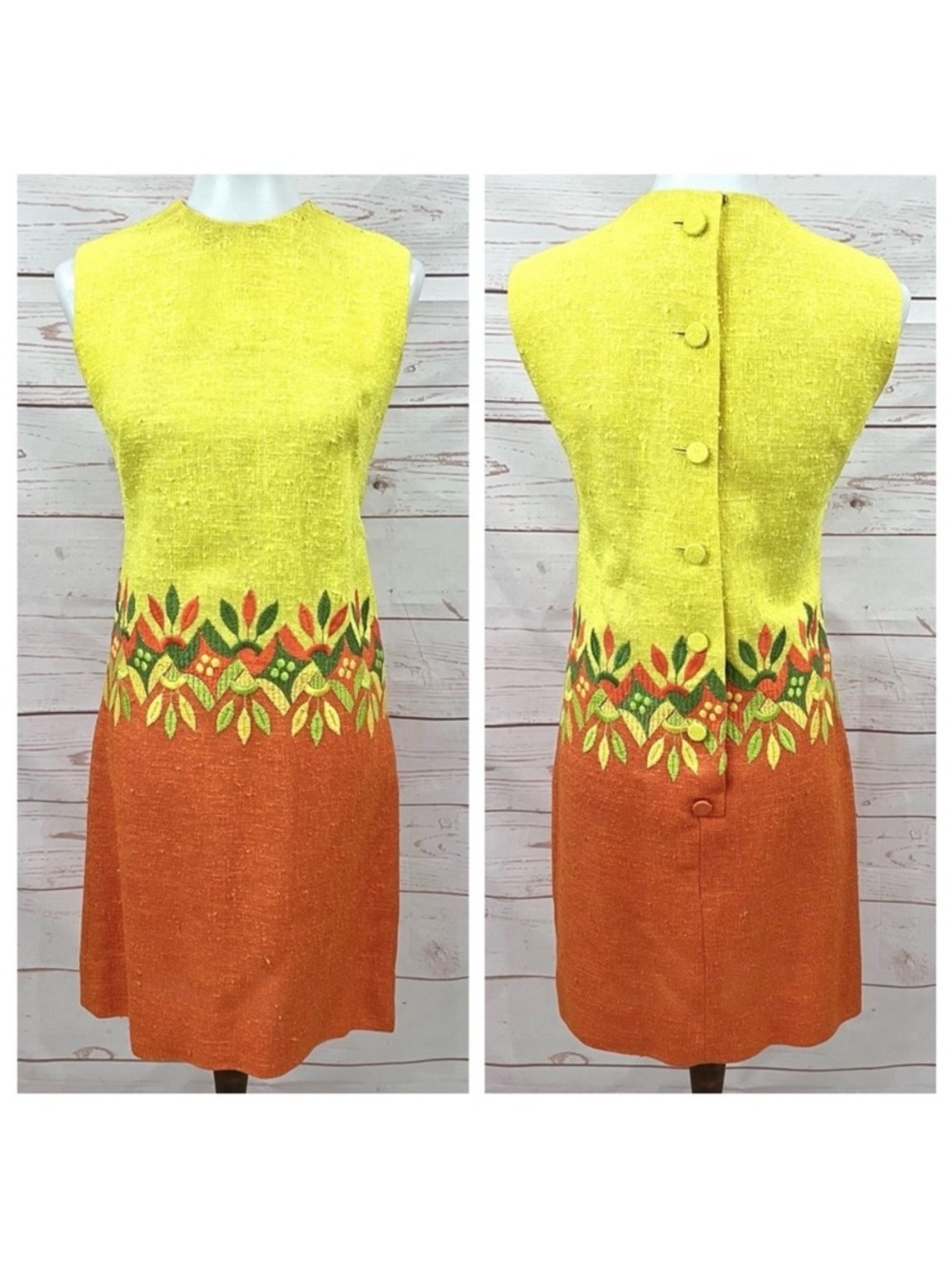Vintage Retro Mid Century MCM Mod Embroidered Flower Shift Dress